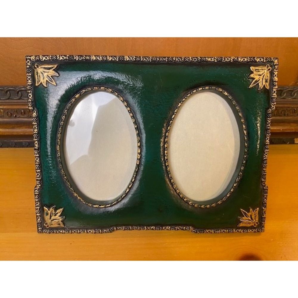 Vintage Green and Gold Double Oval Photo Frame Tabletop Easel Back 2 Opening